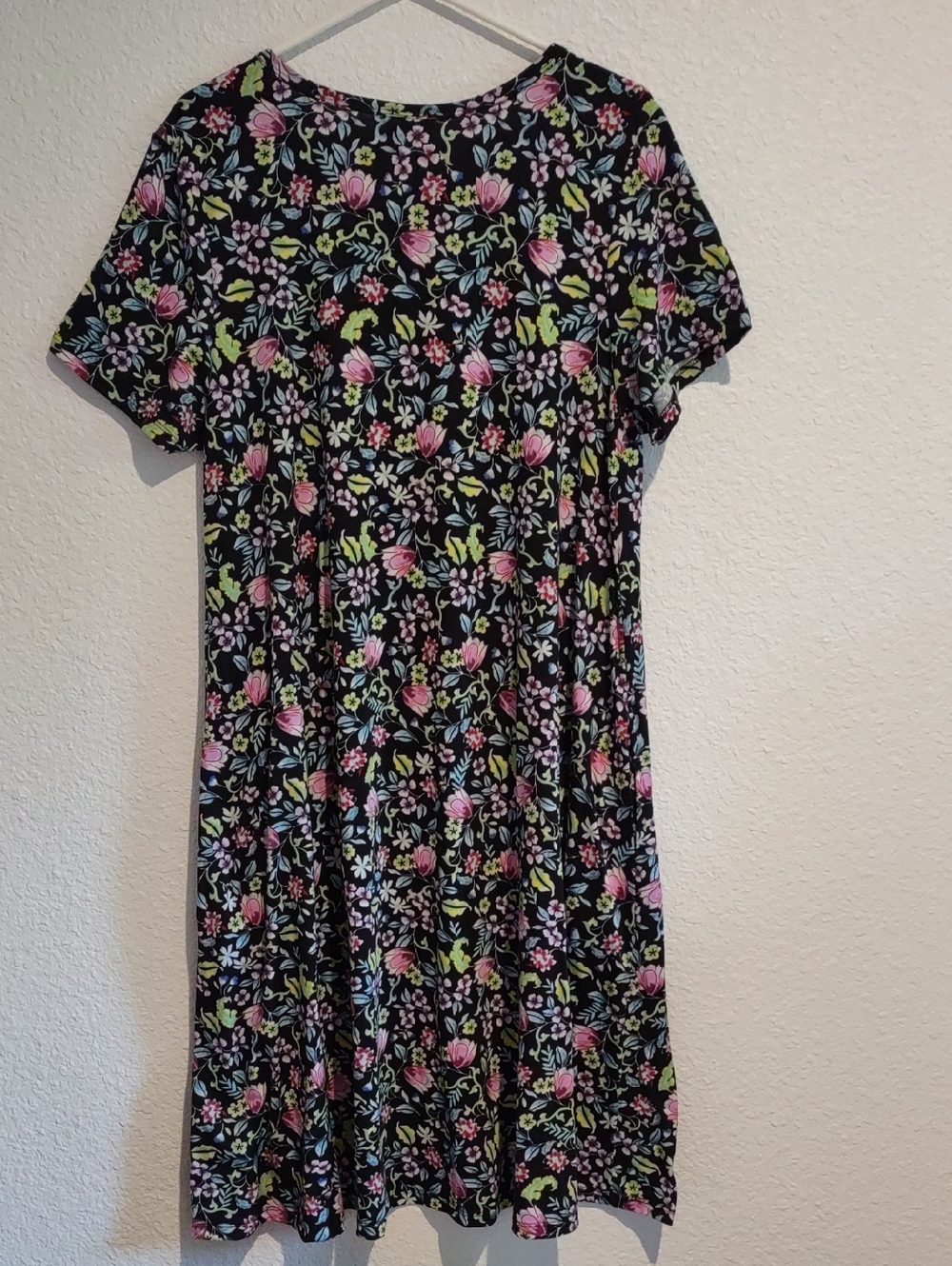LuLaRoe Black Floral Short-Sleeve Swing Dress with Pink & Green Accents - Picture 2 of 8